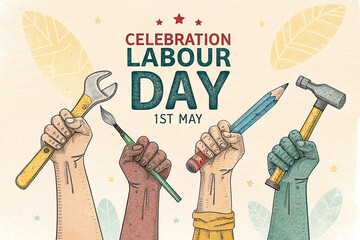 Labour Day Celebration Graphic – Watercolor Illustration of Workers with Tools for May 1st