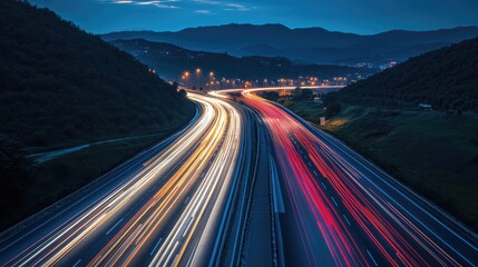 A vibrant night scene showcasing a busy highway with flowing traffic lights. surrounded by mountains and city buildings. illustrating urban life and movement