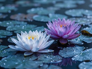 White and purple water lilies bloom on water.