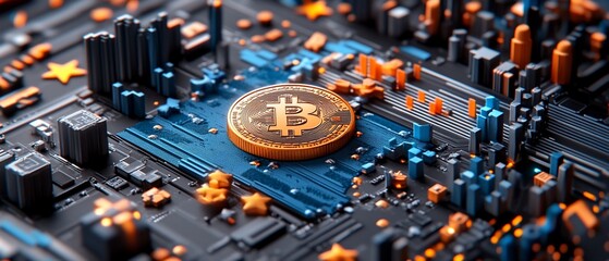 A golden coin sits atop a circuit board with blue and orange components