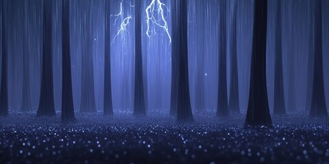 Mystical forest illuminated by a vibrant lightning storm.