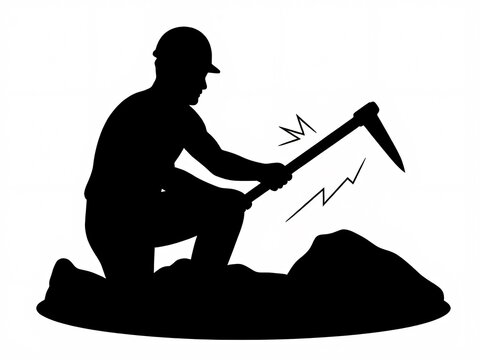 recommend clip art: Black silhouette of miner digging with pickaxe.