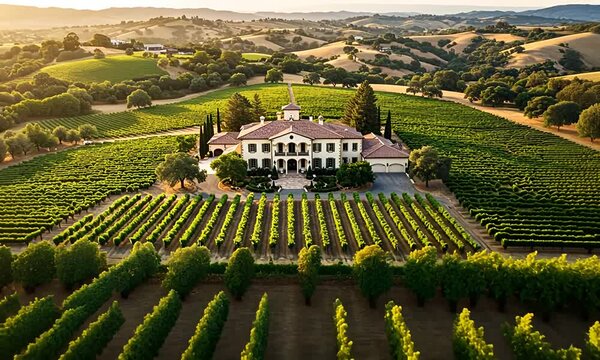 Tuscan-style villa in vineyard. Rolling hills and setting sun create scenic vista