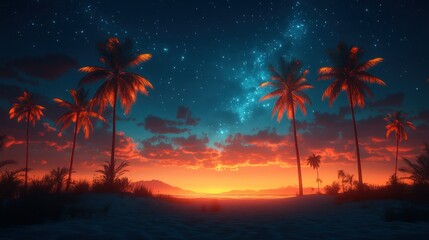 Obraz premium Tropical sunset beach under a starry night sky