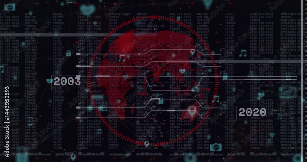 Poster red digital globe rotating in futuristic interface, showing white code columns and blue icons