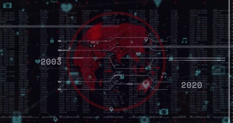 Red digital globe rotating in futuristic interface, showing white code columns and blue icons - Powered by Adobe