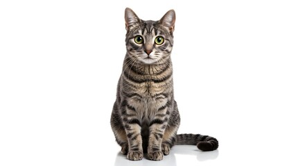 Front-facing high-definition studio photo of a domestic short hair cat sitting on a white seamless background, fur color gray with tabby stripes, ears perked, eyes wide open and alert