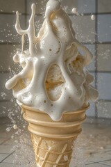 Obraz premium A close-up image of an ice cream cone with chocolate sauce drizzled on top, showcasing a delightful dessert treat.