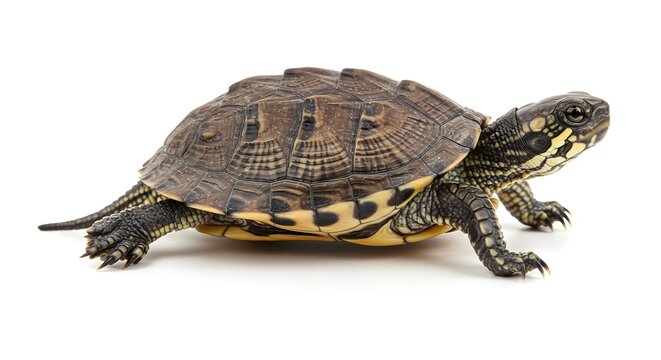 Detailed side-view image of a small freshwater turtle walking slowly across a white background, shell pattern richly textured, skin folds and claws visible, natural coloration, bright and even studio 