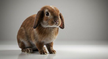 Ultra-realistic studio photo of a brown and white lop-eared rabbit sitting on a clean white surface, soft fur texture fully visible, whiskers clearly defined, natural posture