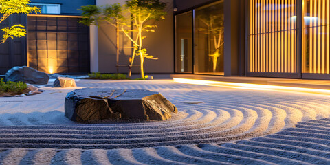 Serene Zen garden with raked sand patterns large rock