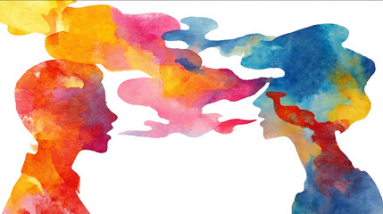 Vibrant watercolor silhouette of two people engaging in a conversation with flowing colorful ideas symbolizing communication copy space High quality