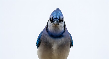 High-resolution studio image of a Blue Jay perched calmly on a neutral white background, feathers vivid blue and white with black streaks, head slightly tilted, sharp focus on eye and beak