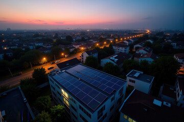 A bird's-eye view of a neighborhood with multiple houses, each featuring solar panels on their rooftops