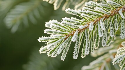 A frosted evergreen branch covered in delicate ice crystals against a blurred green background.