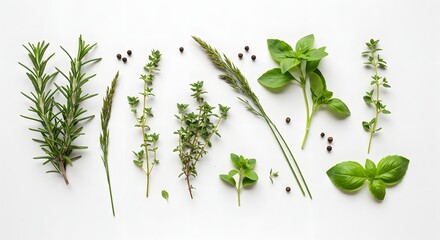 Flat lay composition of fresh aromatic herbs (rosemary, thyme, basil) and wild grasses, carefully arranged on a clean white background, soft studio lighting, high-resolution detail showing texture of 