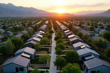 A bird's-eye view of a neighborhood with multiple houses, each featuring solar panels on their rooftops