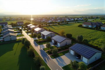 A bird's-eye view of a neighborhood with multiple houses, each featuring solar panels on their rooftops