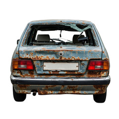 Decayed Auto: Back View of a Heavily Rusted and Damaged Car