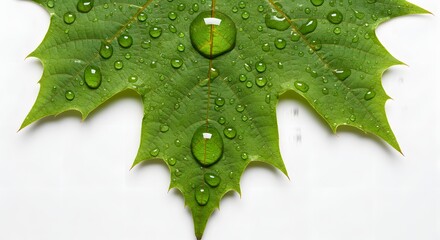 macro shot of a single dewdrop-covered green maple leaf placed on a pure white background