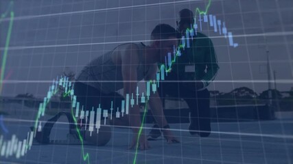 coach kneeling beside athlete crouching on track with animated line graphs analyzing finance trends - Powered by Adobe