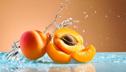 Infuse your creative projects with vibrant energy using this stunning high-resolution photo of a juicy apricot in a powerful liquid explosion. Captured with precision in a professional studio setup
