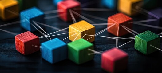 A vibrant arrangement of interconnected wooden blocks in various colors. illustrating a network or connection concept against a dark background. ideal for educational or creative projects