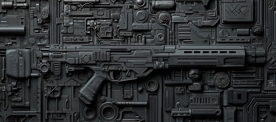 A detailed arrangement of futuristic weaponry and technology on a textured surface. showcasing intricate designs and patterns. suitable for sci-fi themed projects