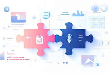 A modern digital illustration depicting puzzle pieces coming together. symbolizing data analytics and teamwork. with graphs and icons representing technology in the background