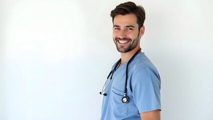 Confident male nurse in scrubs looking at the camera, standing against a white background, evenly lit, realistic studio
