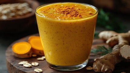 Turmeric smoothie in glass with turmeric slices and ginger root on wood.