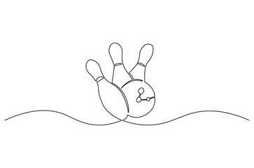 Continuous one line drawing of Bowling pins. Single line drawing illustration of Bowling ball and pins. Sport hobby concept vector art. Doodle line illustration.