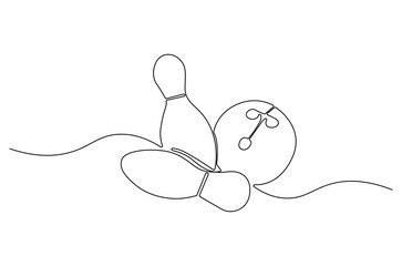 Continuous one line drawing of Bowling pins. Single line drawing illustration of Bowling ball and pins. Sport hobby concept vector art. Doodle line illustration.