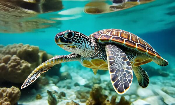 Sea Turtle Gracefully Swimming in Turquoise Ocean Water Near Coral Reef Aquatic Beauty