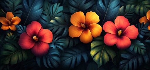 Fototapeta premium Vibrant Hibiscus Blooms Amidst Lush Tropical Foliage