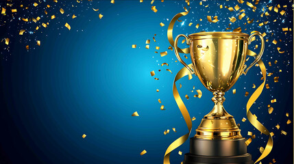 Copy space on right Golden trophy with blue background with confetti and golden ribbon