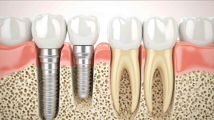 A comparison showing two dental implants one with a short metal root on the left and one with a long metal root on the right The image emphasizes the difference in the length and de