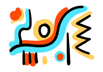 Abstract colorful pop art design with bold black lines, geometric shapes, and vibrant orange, yellow, and blue accents. 
