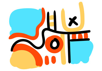 Abstract colorful pop art design with bold black lines, geometric shapes, and vibrant orange, yellow, and blue accents. 
