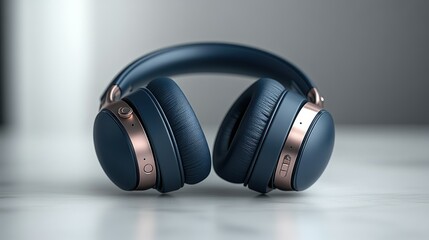 Blue and rose gold headphones on a light surface with blurred background.
