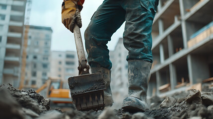 Construction Worker Using Shovel on Site