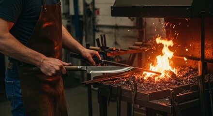 A craftsman forging a knife by fire. The blacksmith is working hard in a workshop with hot coal, shaping the metal with precision and skill.