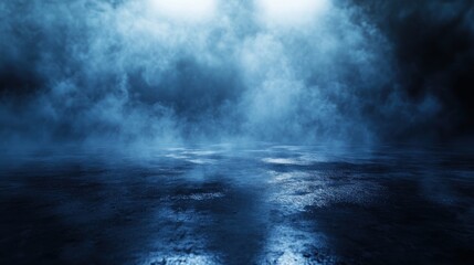 A stunning image of dark street, wet asphalt, reflections of rays in the water. Abstract dark blue background, smoke, smog. Empty dark scene, neon light, spotlights. Concrete floor.