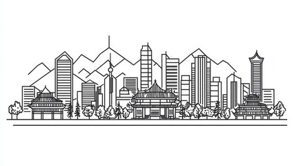 Obraz premium A detailed line art illustration depicting a bustling city skyline with modern skyscrapers and traditional architecture. set against a backdrop of majestic mountains