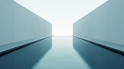 Obraz premium Minimalist architectural scene with symmetrical walls and a reflective water feature, creating a serene and modern atmosphere.