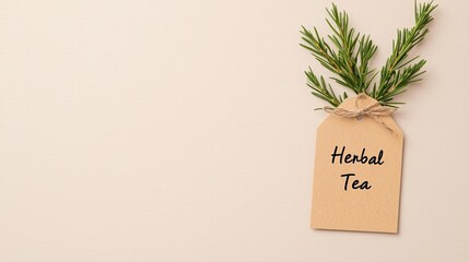A kraft paper tag labeled "Herbal Tea" is tied with twine to green sprigs on a light beige background.