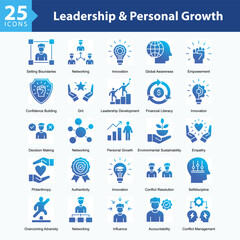 Leadership & Personal Growth is a collection of icons in sheet format illustrating self-development, leadership, decision-making, and global and social awareness throughout personal growth journeys.