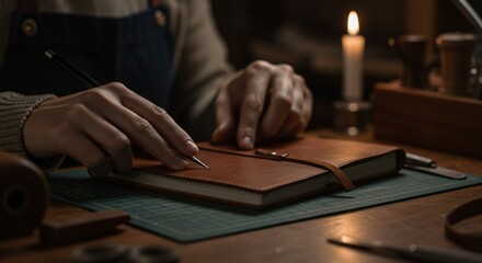 Craftsman meticulously working on a leather journal, illuminated by candlelight, in a cozy and intimate workshop setting.