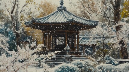Fototapeta premium Snowy winter scene of a traditional Asian gazebo.