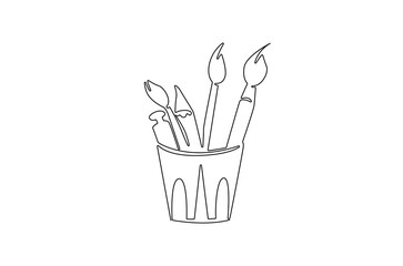 Continuous one line drawing of Painting tools in a cup. Single line drawing illustration of Painting tools. World art day concept vector art. Doodle line illustration.